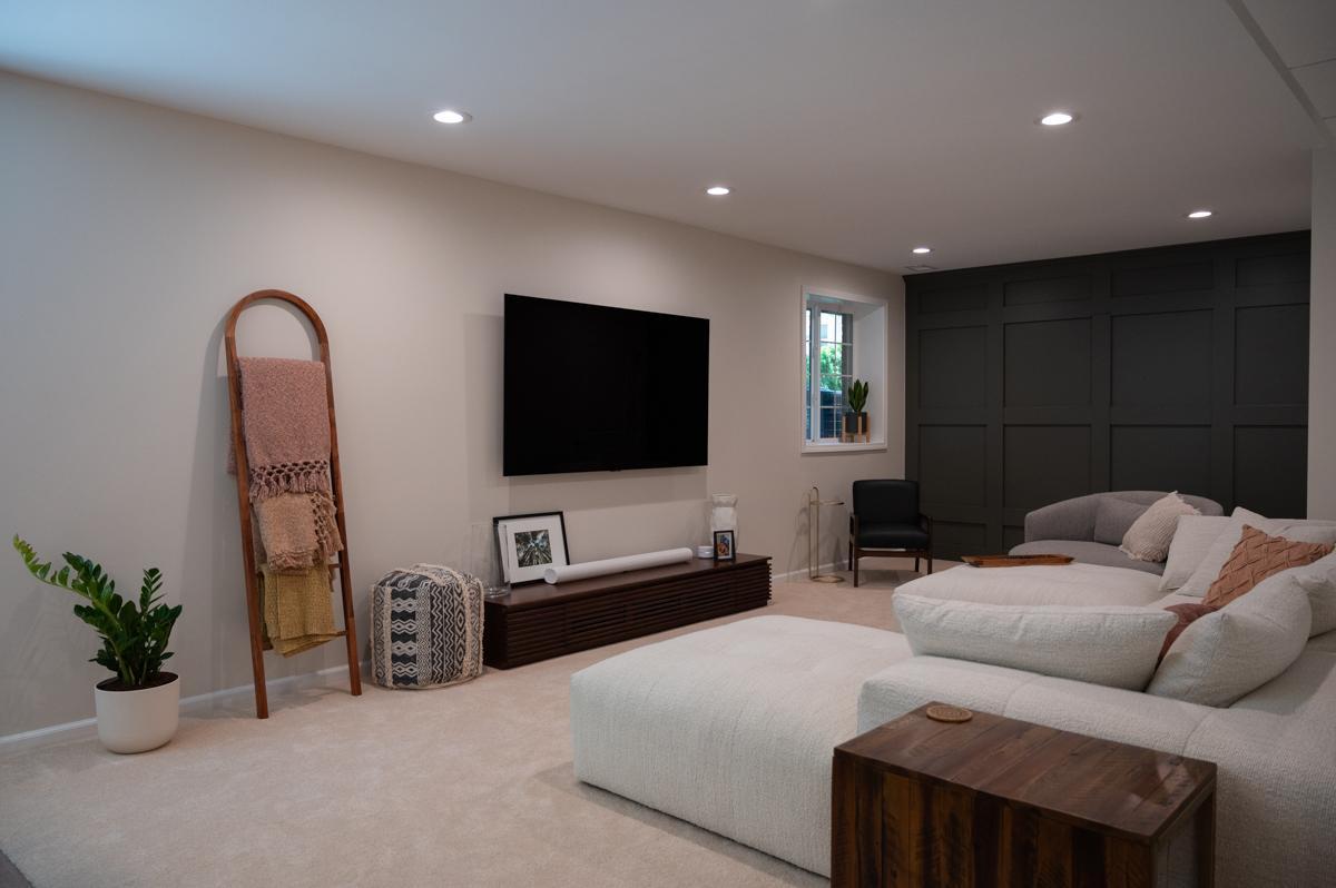 Finished Basement with Accent Wall, Bar Area, Bathroom and Gym in Novi, MI