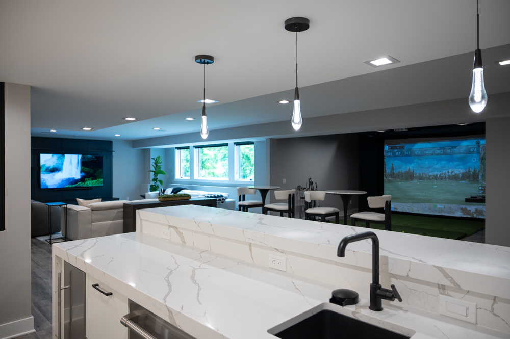 Finished Basement with Bar, Wine Room, Bathroom, Gym and Golf Simulator in Rochester, MI