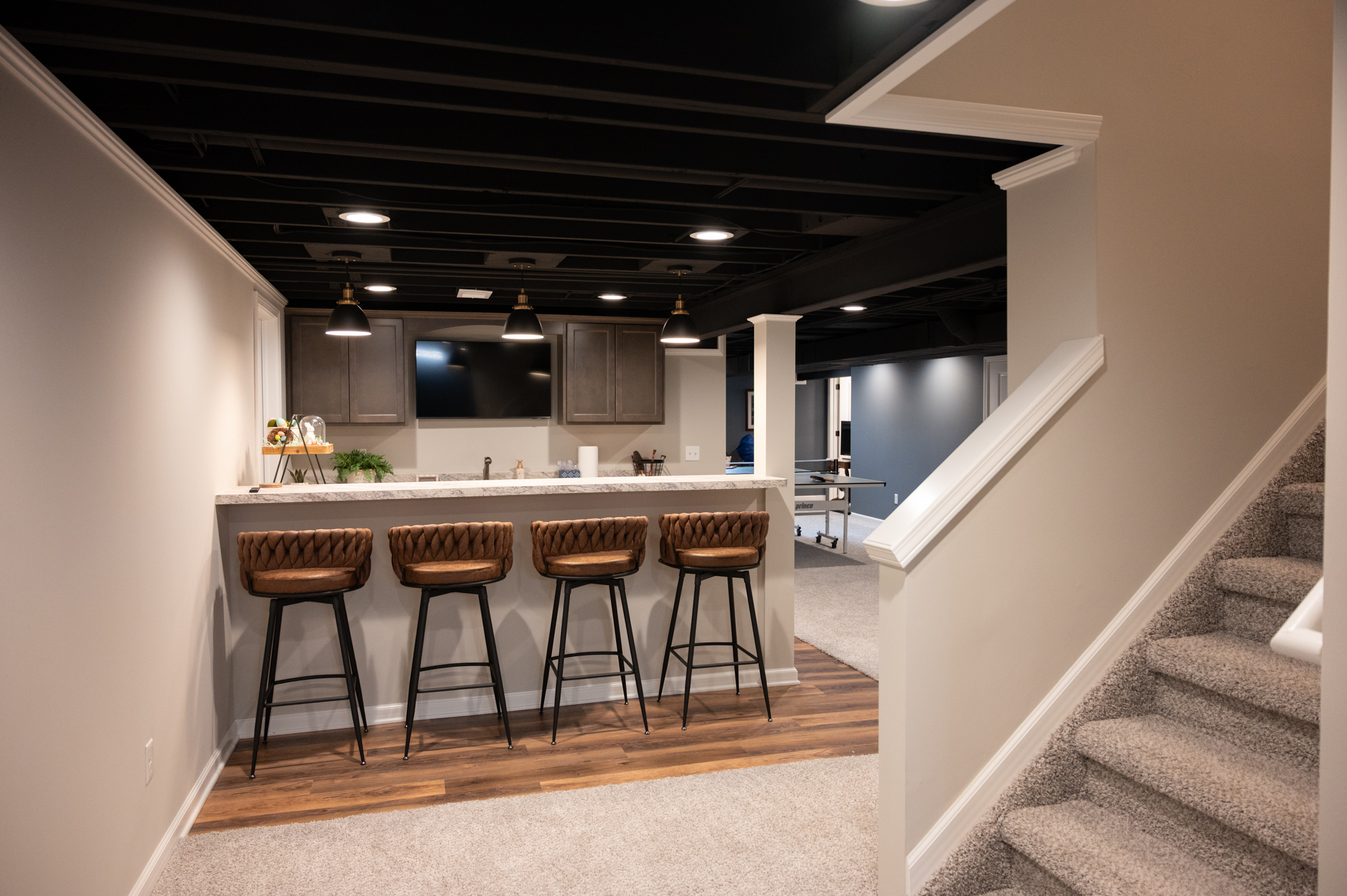 Finished Basement with Seated Bar, Living Room and Bathroom in Novi, MI
