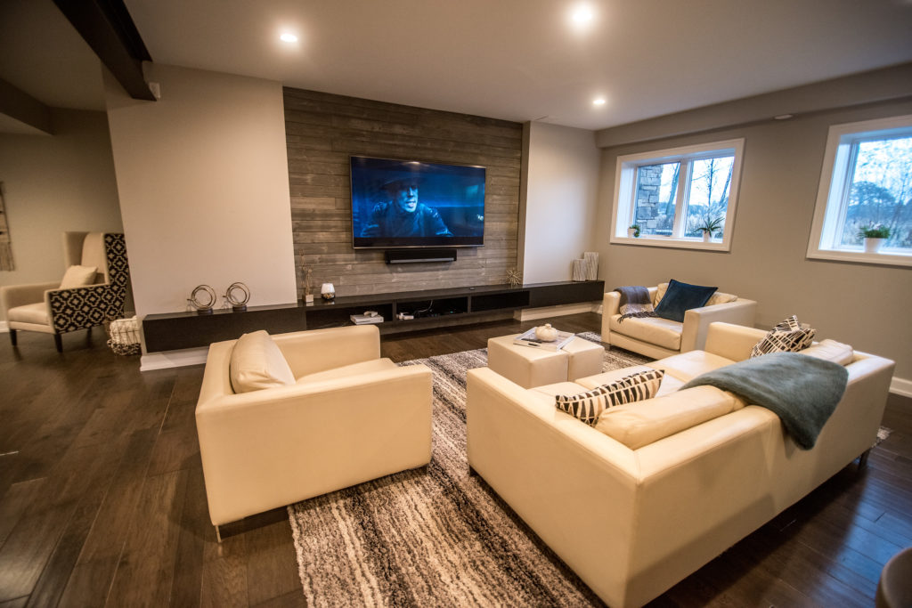 modern and industrial basement living room design