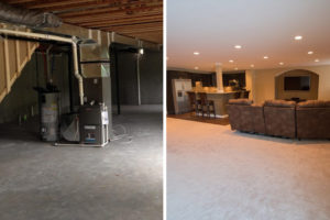 New Hudson, MI basement with carpet kitchenette and living room