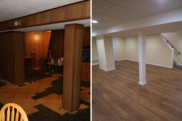 before and after of dark remodeled basement