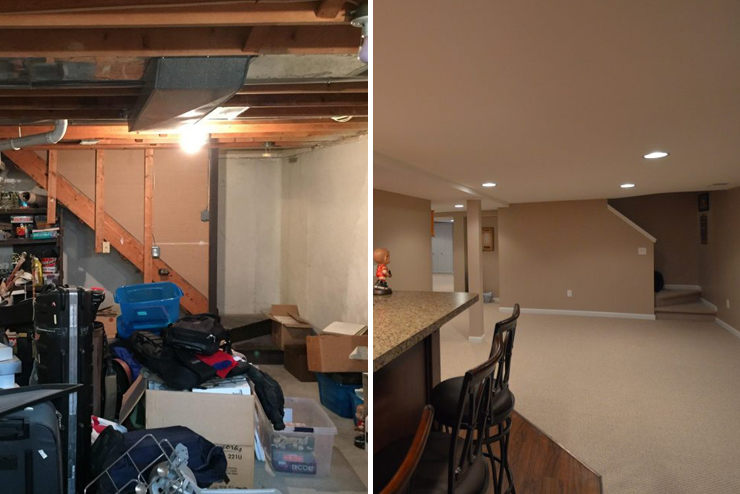finished basement with carpet and open view staircase