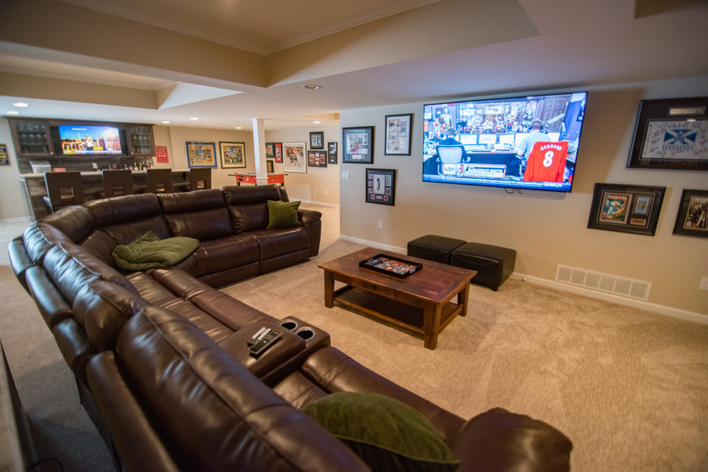 Clarkston Michigan basement living room with carpeting for comfort