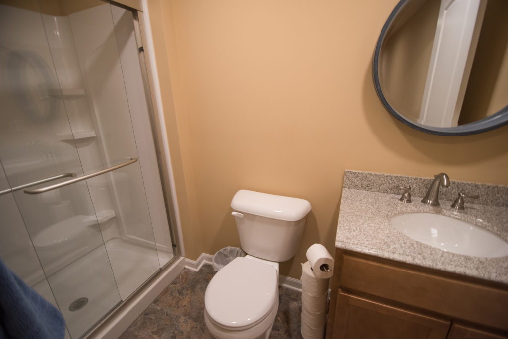 small basement bathroom with vinyl tile and granite countertop vanity