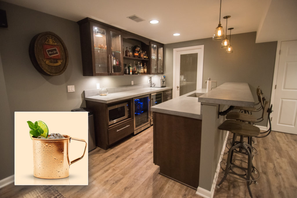 Franklin MI rustic finished basement with concrete countertops inspires Moscow Mule drink