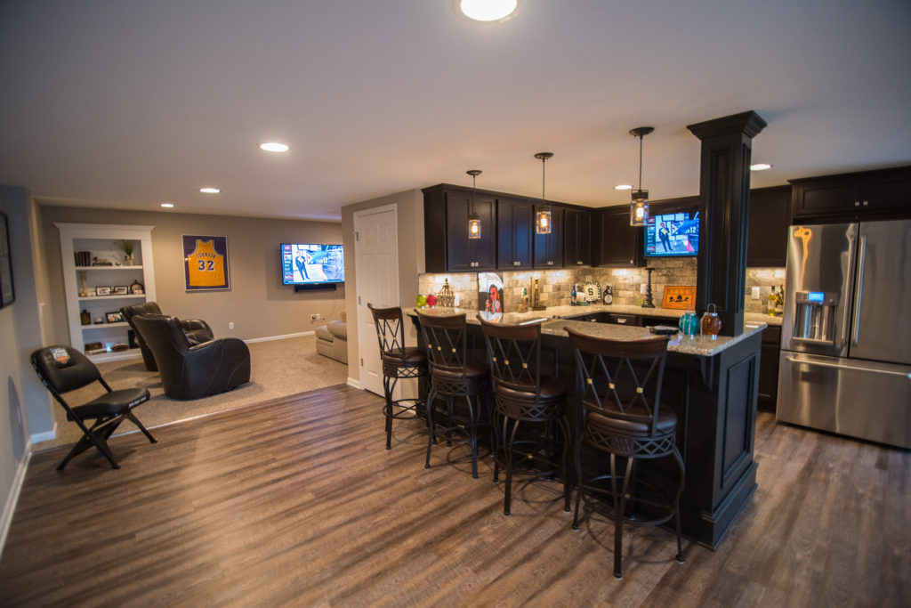 novi michigan finished basement walkout vinyl plank flooring and custom bar