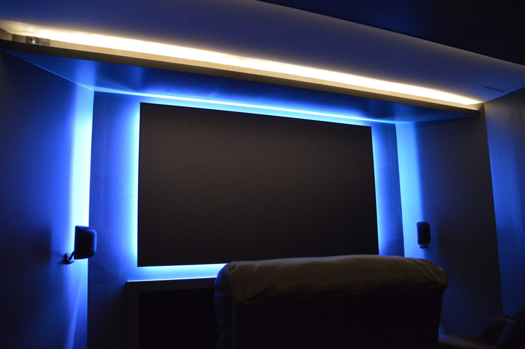 basement movie theater with led lighting in basement