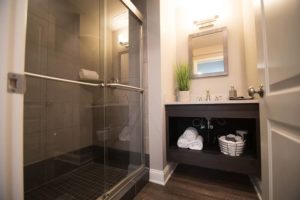 basement bathroom with spa like look and feel floating vanity
