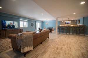 basement living room with sofa and vinyl plank flooring