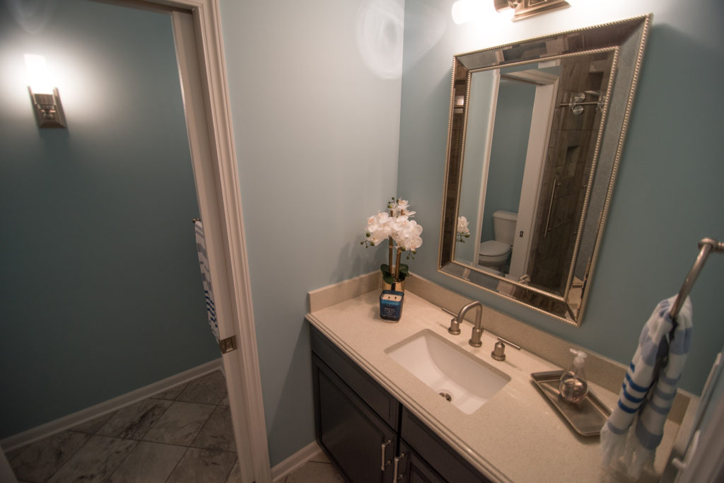 basement bathroom with granite vanity top and cabinetry
