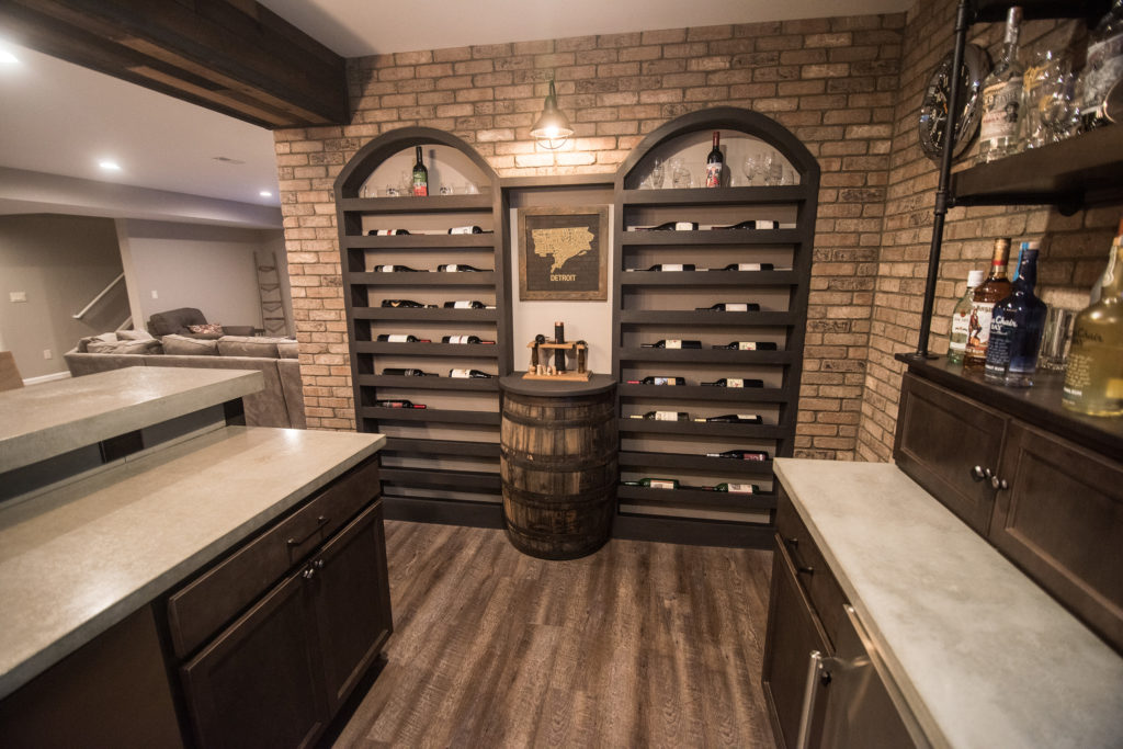 vinyl plank flooring with a custom arched wine rack