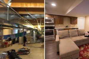 finished basement with kitchen and couch
