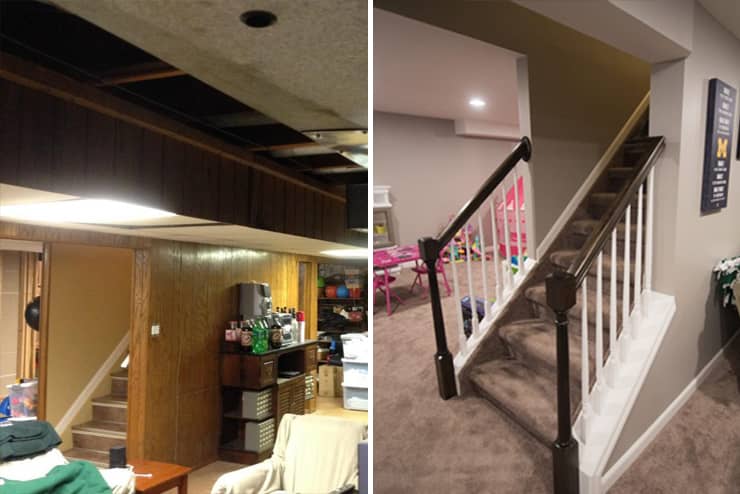 before and after image of basement staircase remodel