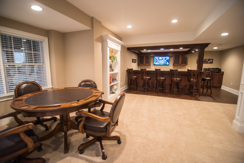 basement game area looking into bar area