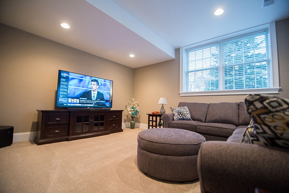 cozy basement living room with carpet and TV