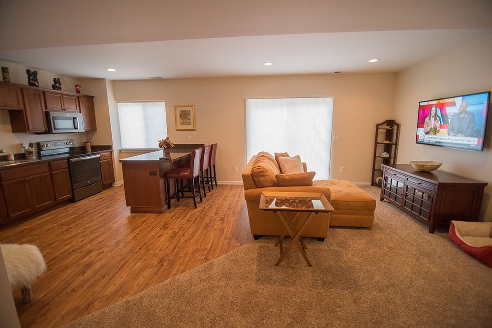 finished basement with vinyl plank flooring and carpet