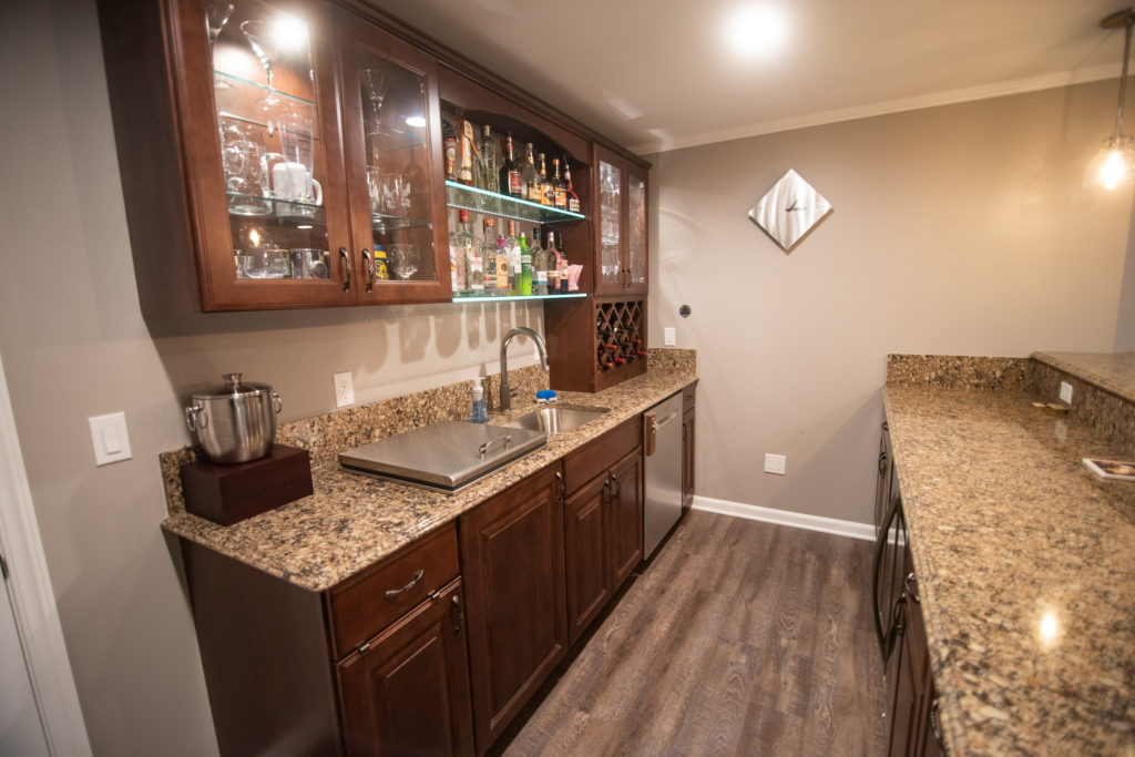 basement bar area shelving lighting wine rack