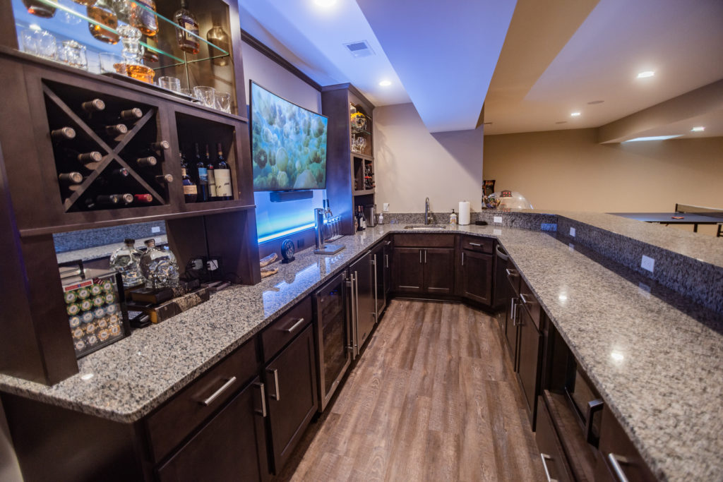 custom bar granite countertops wine storage dark cabinetry