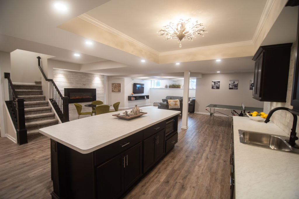 overview of basement with finished bar and living room