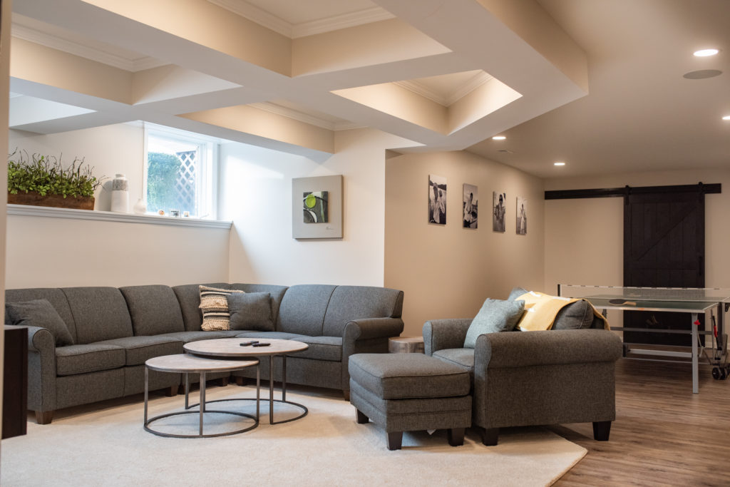 raised ceiling detail in finished basement with grey couch