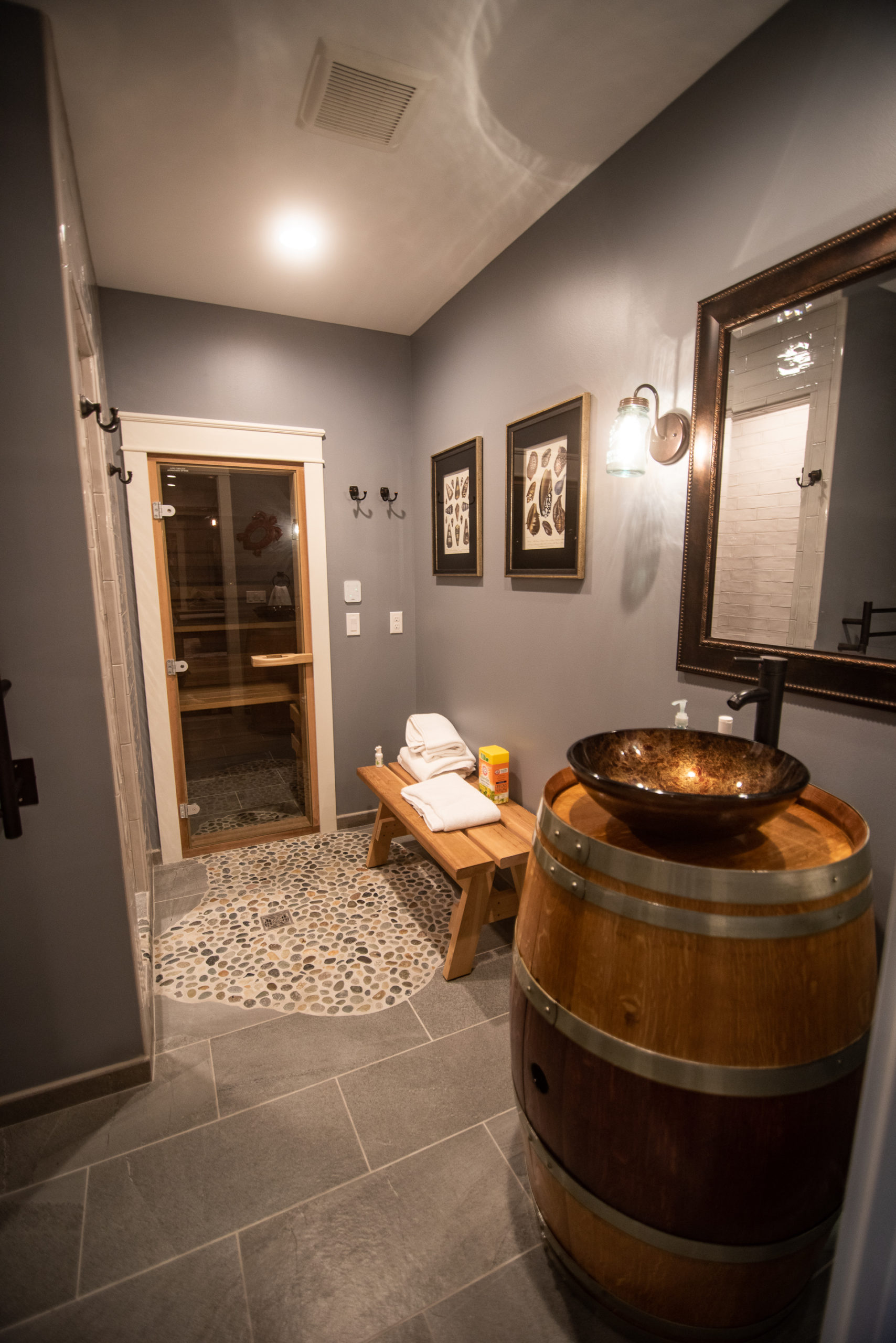 rustic modern finished bathroom with wine barrel sink
