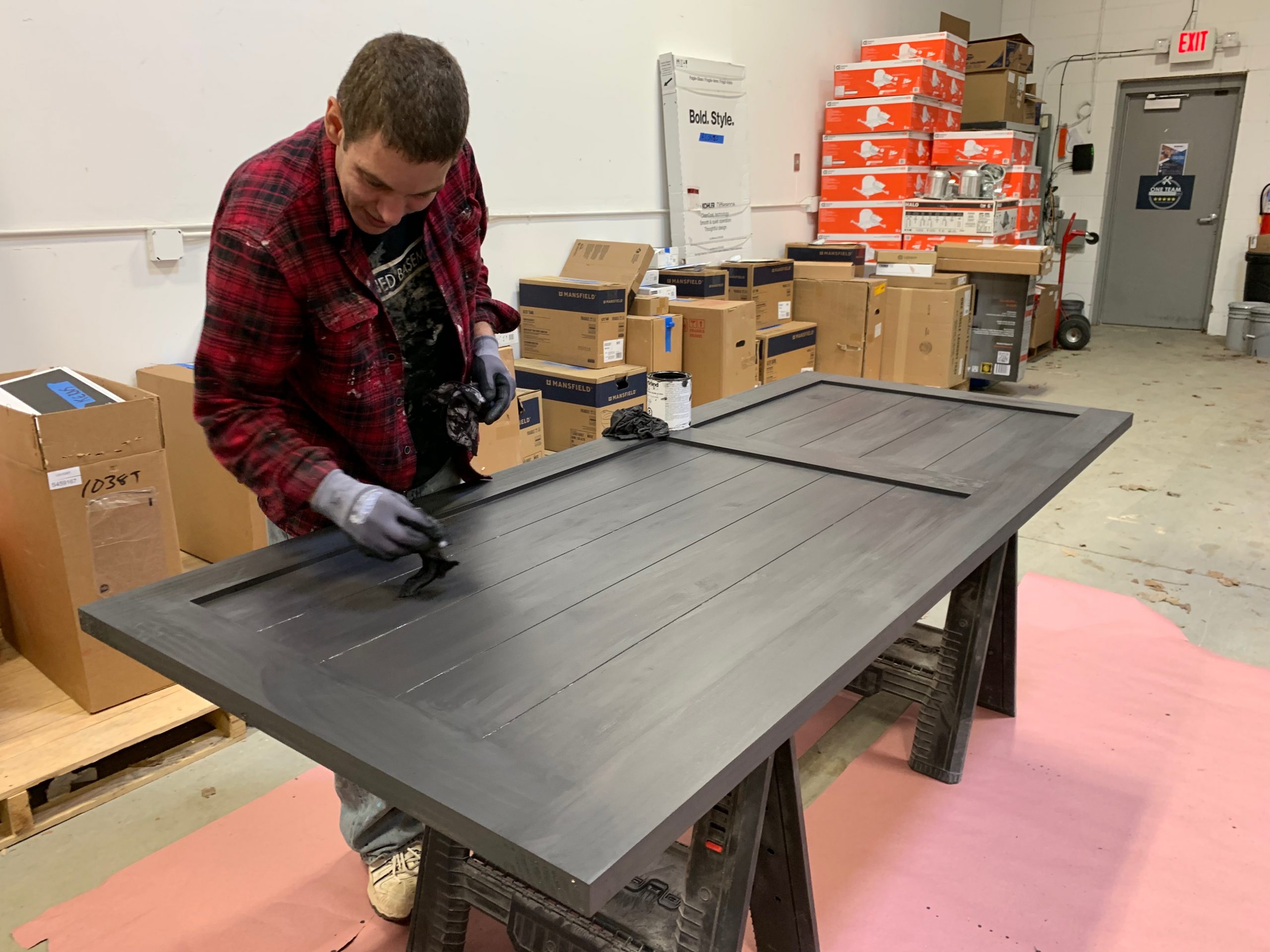 staining custom door for basement finishing customer in michigan