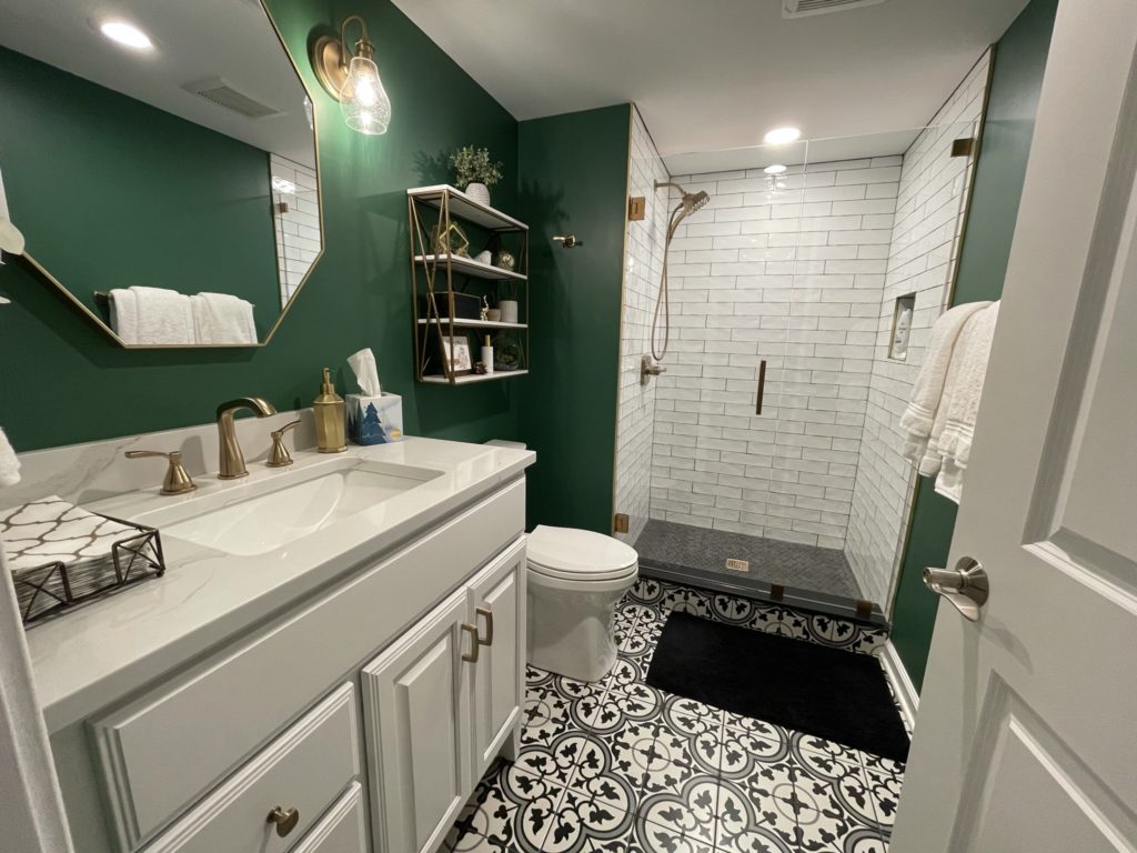 Northville, Michigan finished basement bathroom green walls