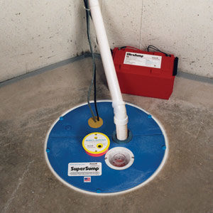 A submersible sump pump in a basement.
