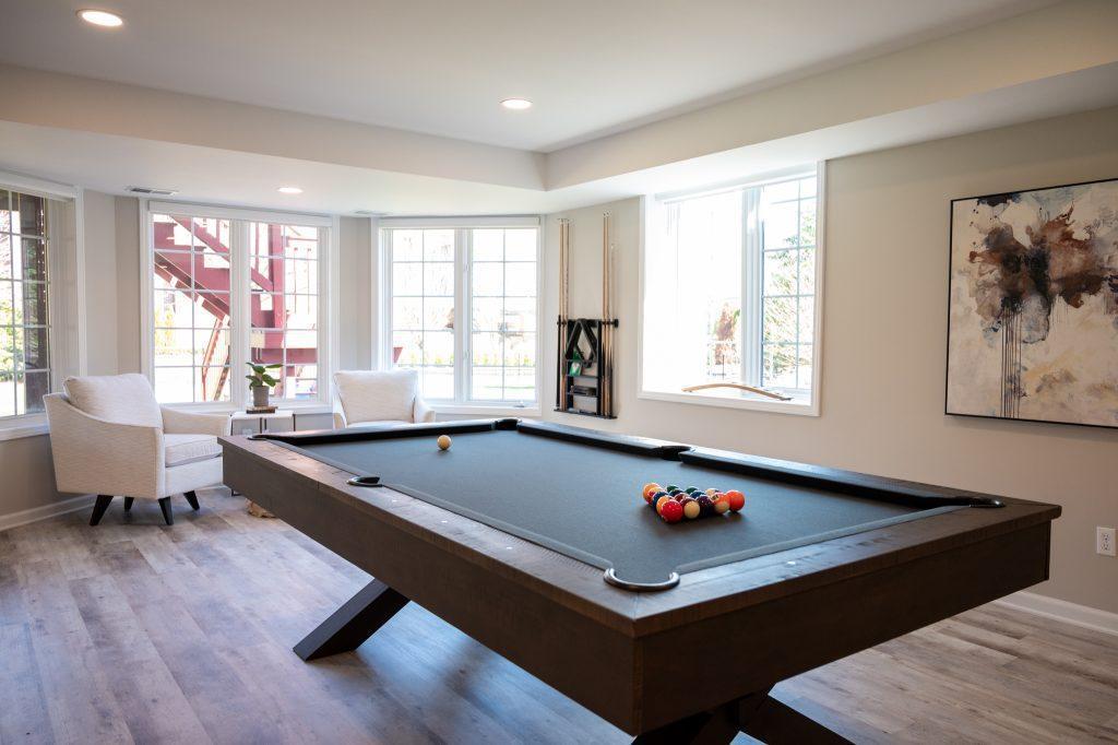 Finished basement game area in Northville, Michigan