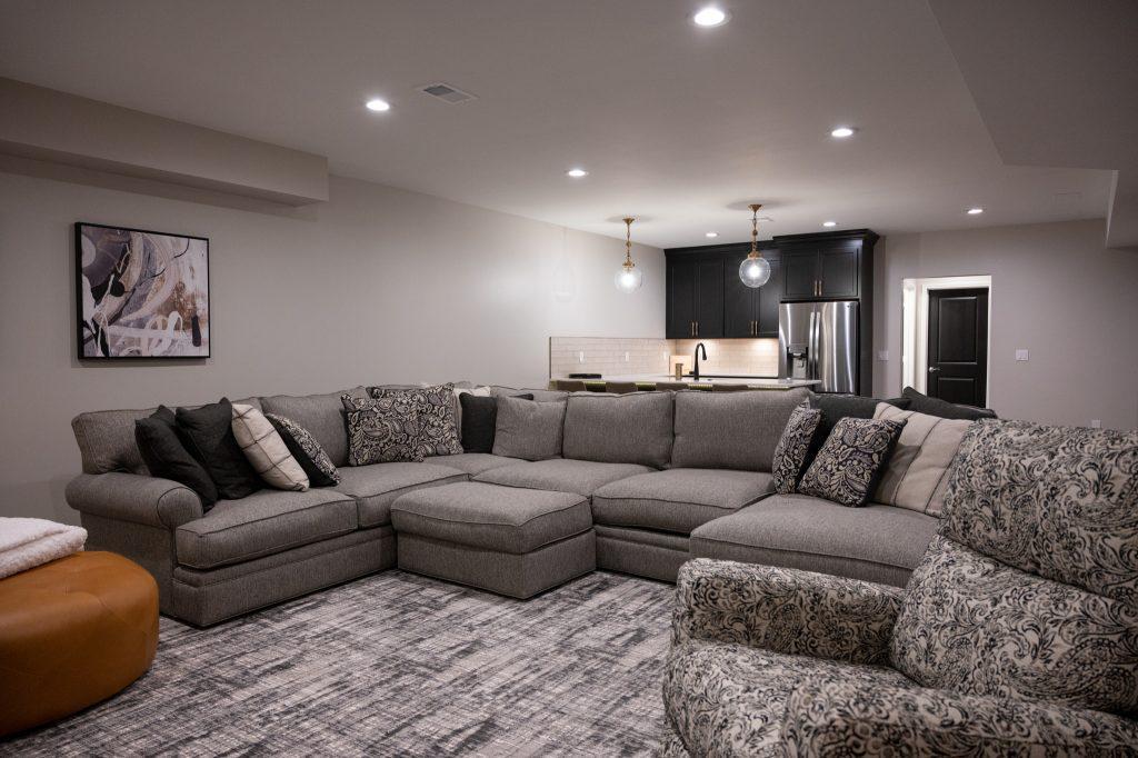 Finished basement living room and bar area in Northville, Michigan