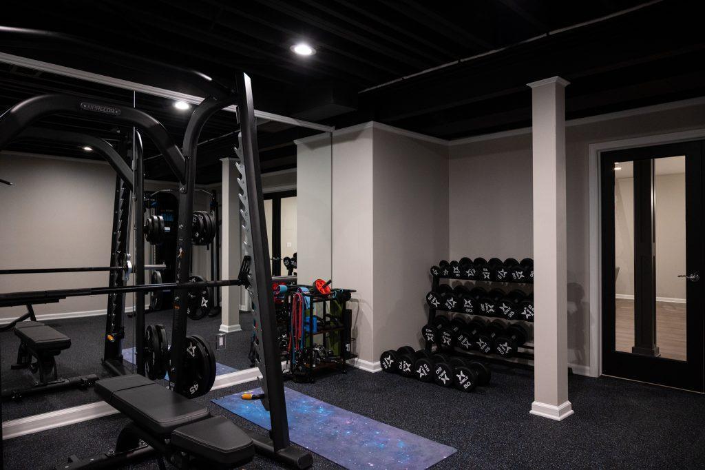 Finished basement home gym in Northville, Michigan