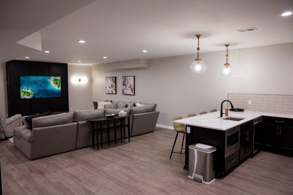 Finished basement living room and bar area in Northville, Michigan