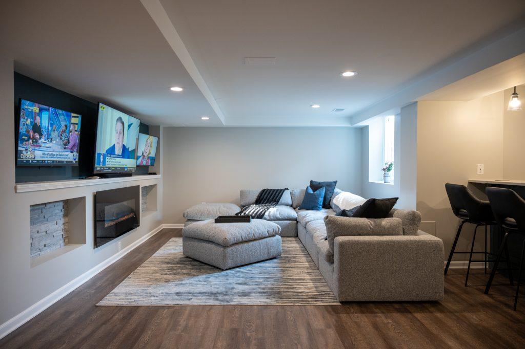Finished basement living room tv wall in New Hudson, Michigan