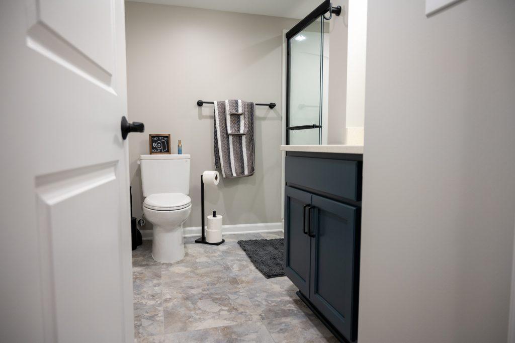 Finished basement bathroom vanity sink and walk-in shower in New Hudson, Michigan