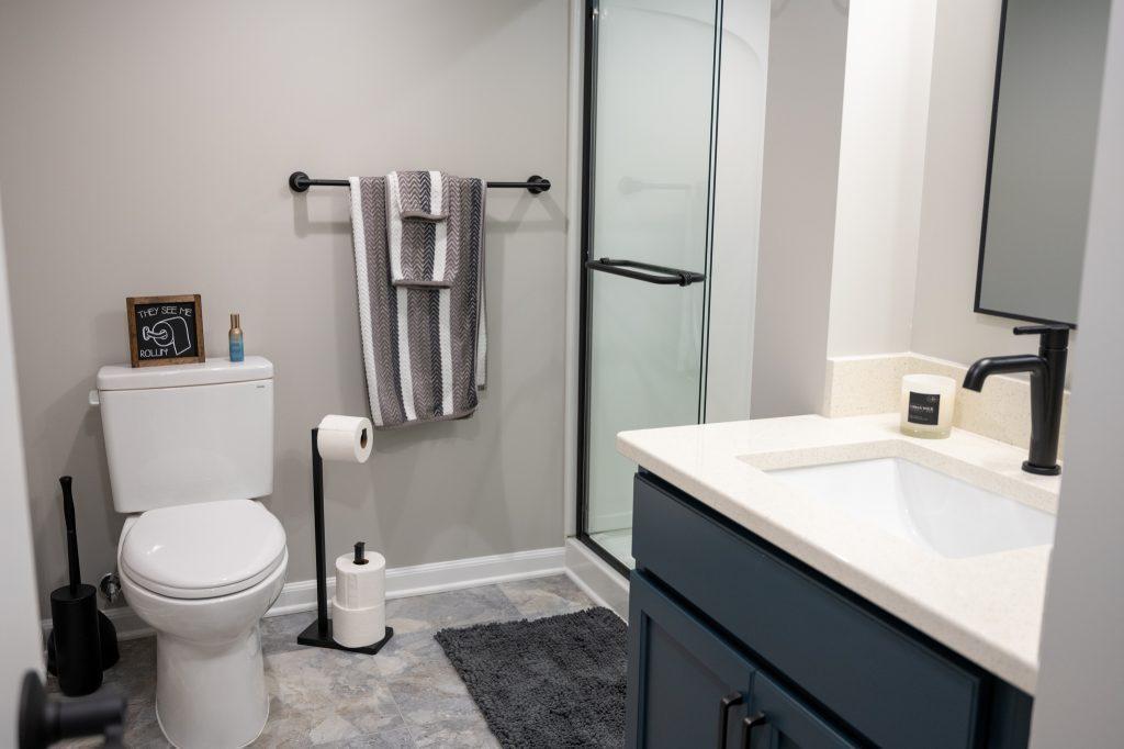 Finished basement bathroom vanity sink and walk-in shower in New Hudson, Michigan