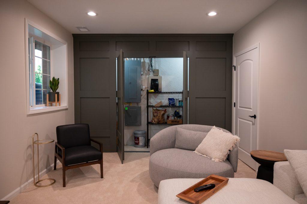 Finished basement accent wall with secret doors in living room in Novi, Michigan