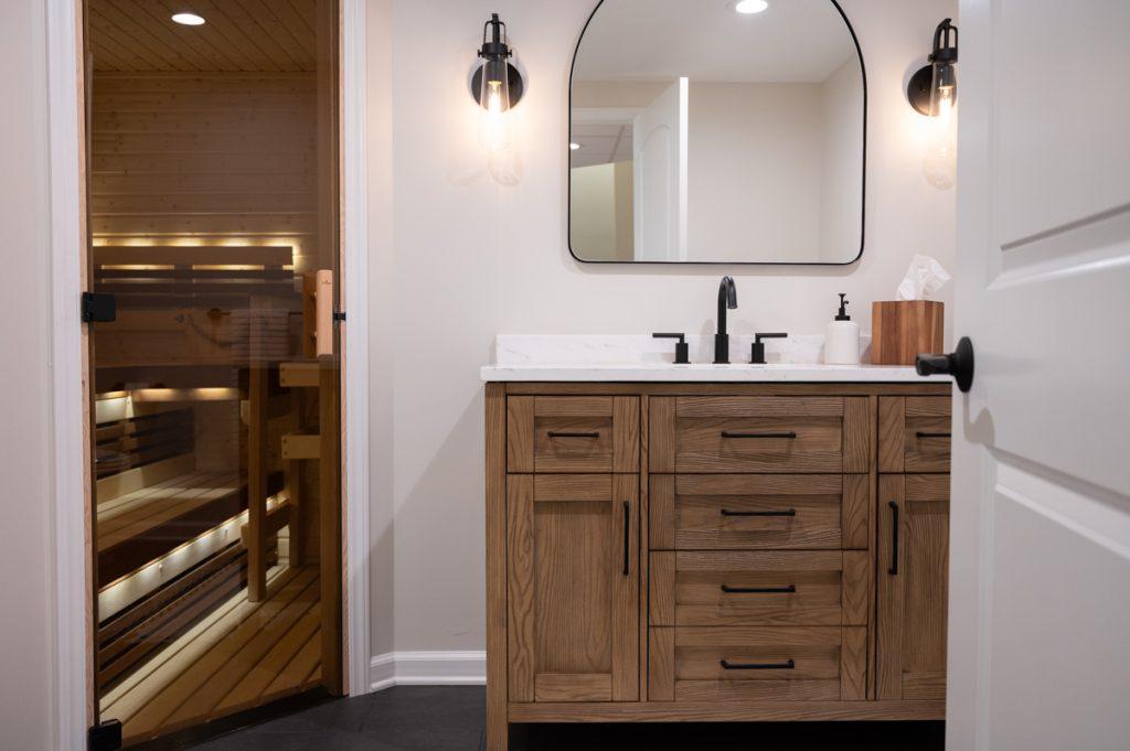 Finished basement bathroom and sauna in Novi, Michigan