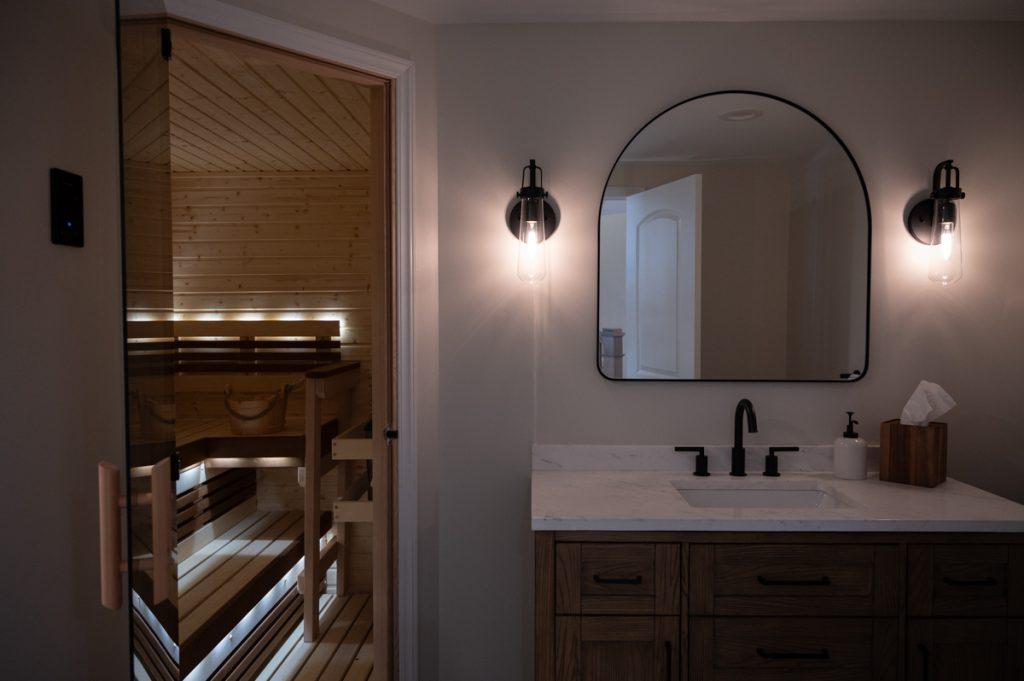 Finished basement bathroom and sauna in Novi, Michigan