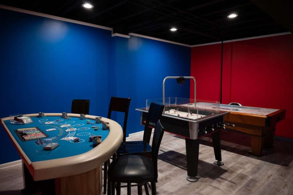 Finished basement game area in Northville, Michigan