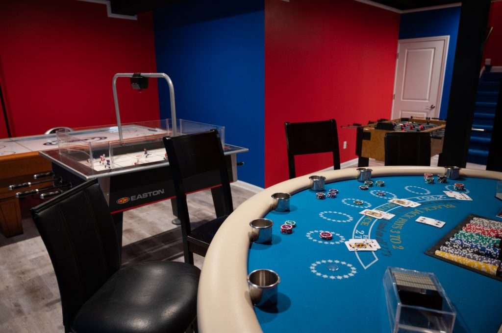 Finished basement game area in Northville, Michigan