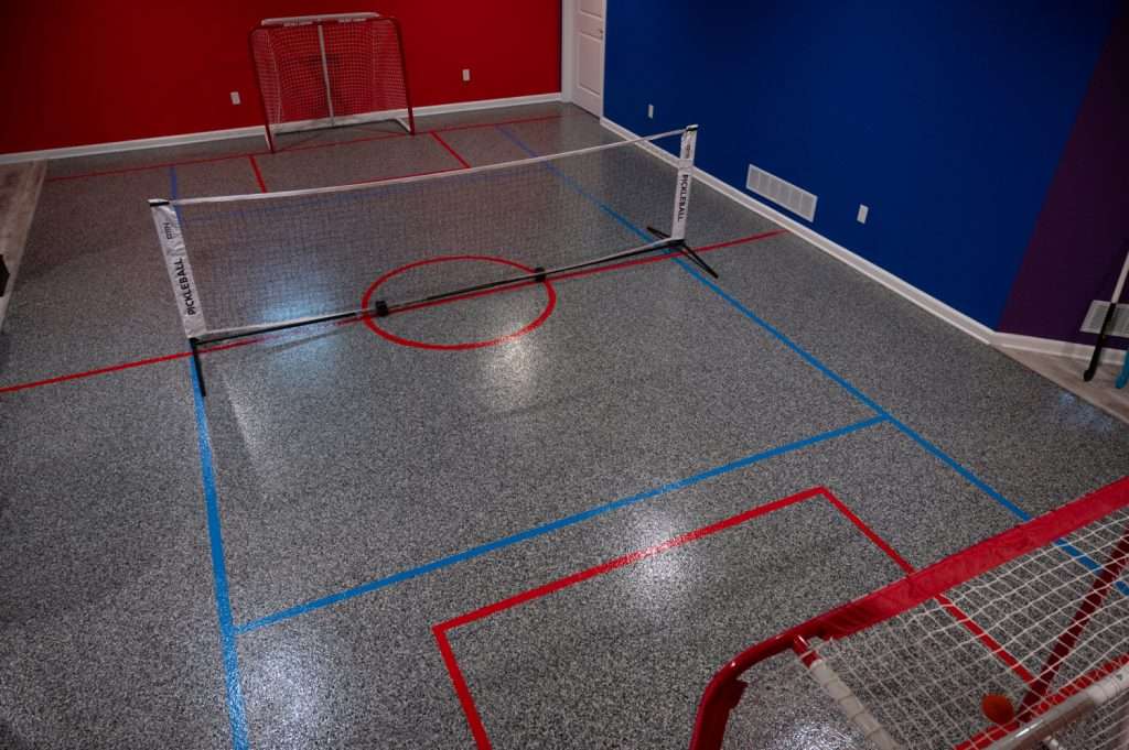 Finished basement pickle ball court in Northville, Michigan