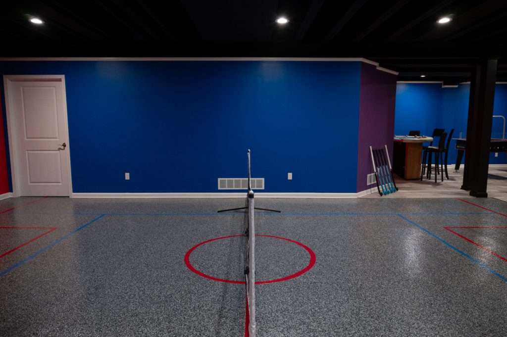 Finished basement pickle ball court in Northville, Michigan
