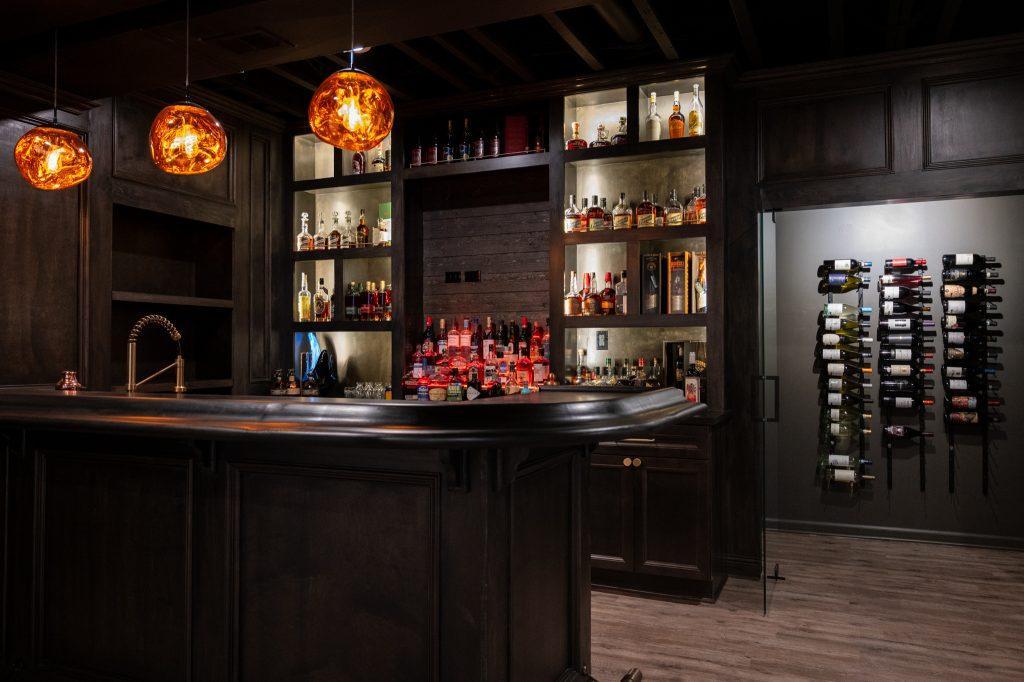 Finished basement oak wood bar in Bloomfield Hills, Michigan