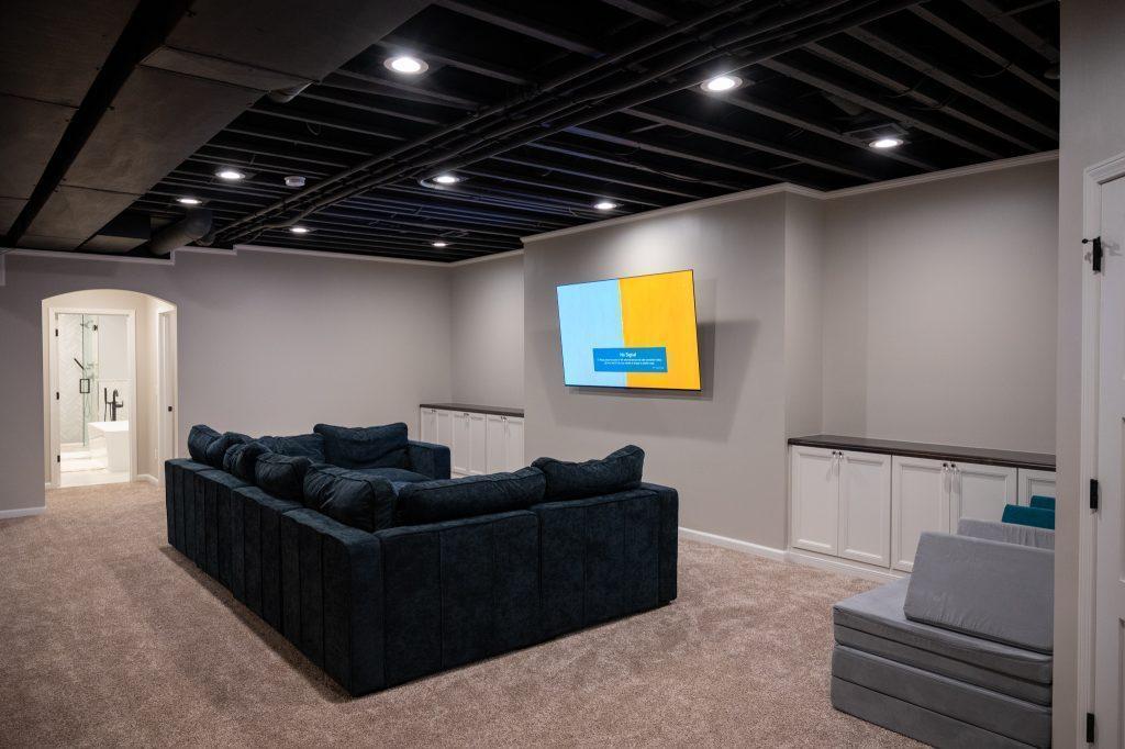 Finished basement living room in Bloomfield Hills, Michigan