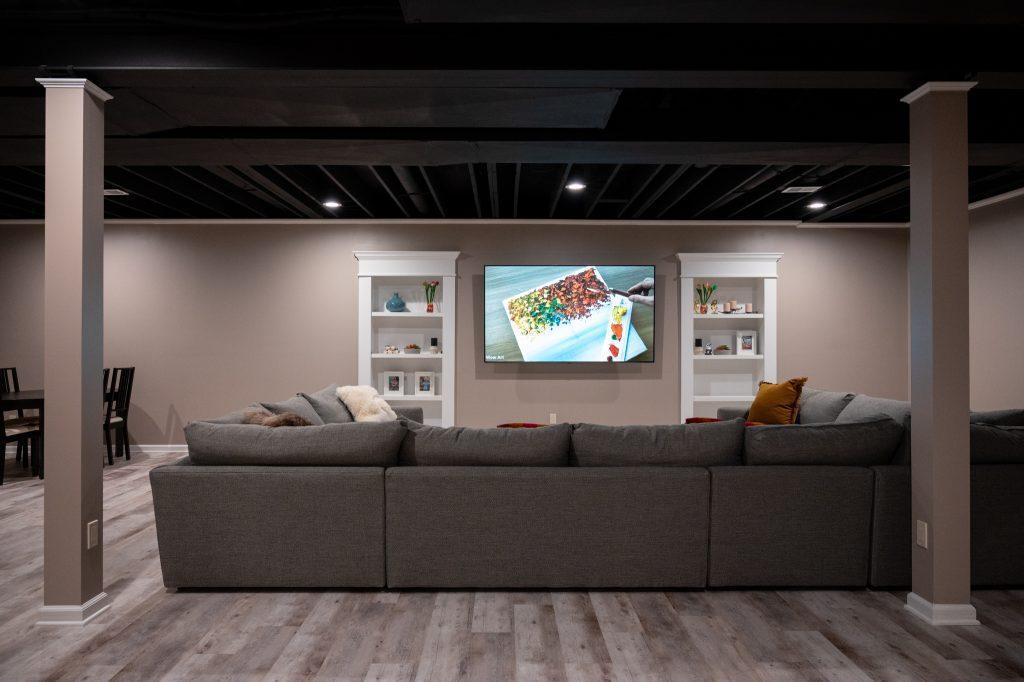 Finished basement living room in Troy, Michigan