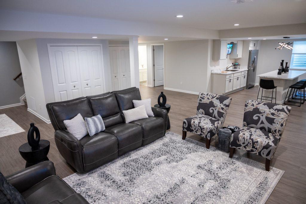 Finished basement living room and bar in Novi, Michigan