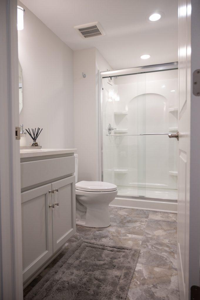 Finished basement vanity and walk-in shower in Novi, Michigan