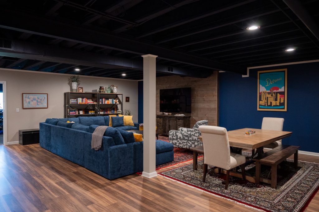 Finished basement living room with dryfall ceiling in Pittsfield Twp. Ann Arbor, Michigan