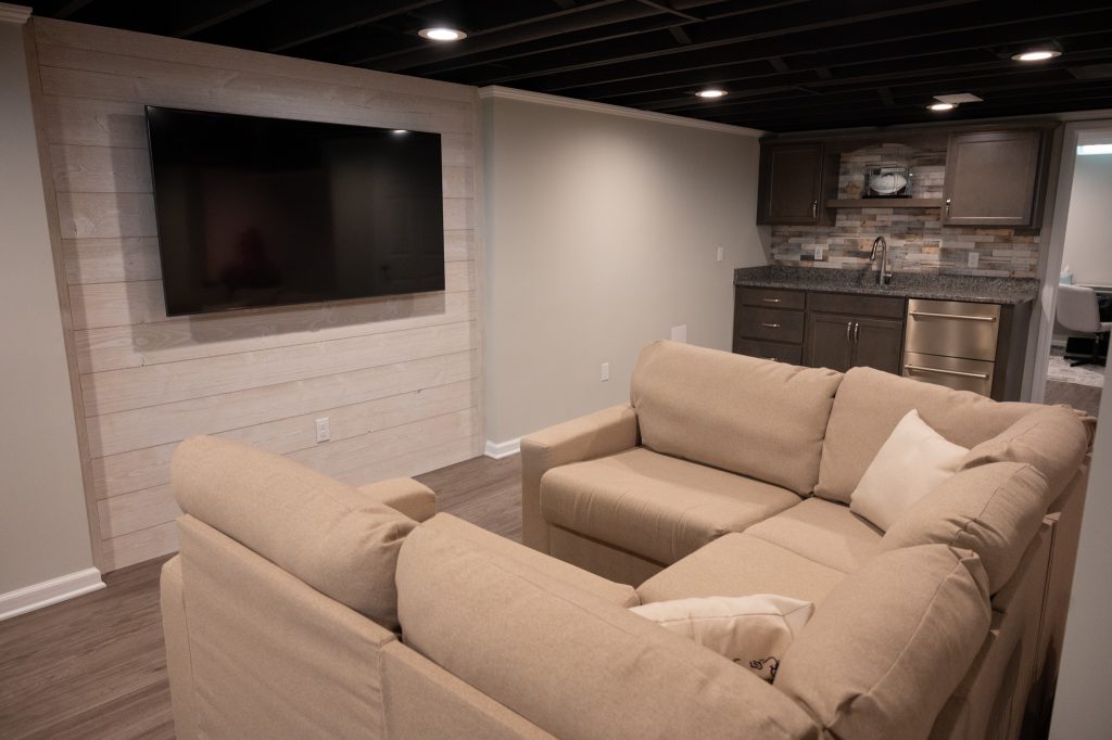 Cozy Sofa in Finished Basement Living Room